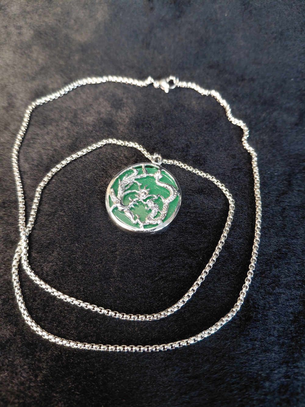 Green Dragon Pendant Necklace - Silver Tone